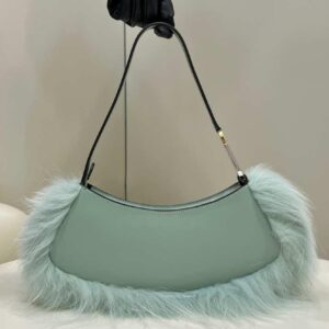 Replica Fendi 8BS068ALS9F1IVT O’Lock Swing Green leather and fox fur pouch 8573