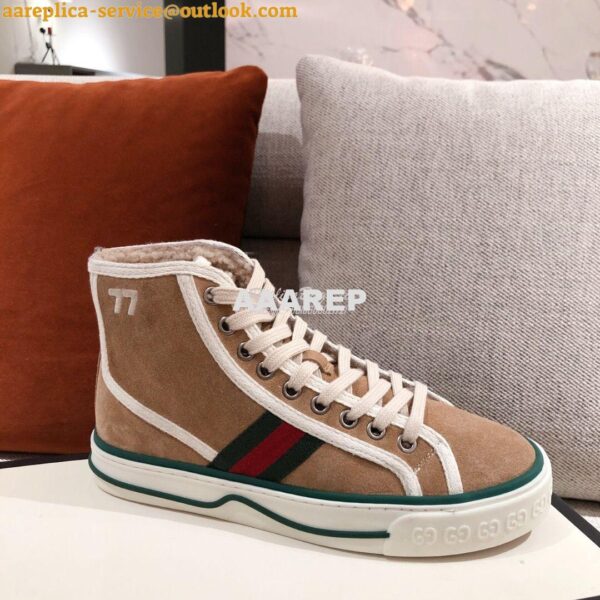 Replica Gucci Tennis 1977 High-Top Sneaker with Shearling 649335 Beig 5