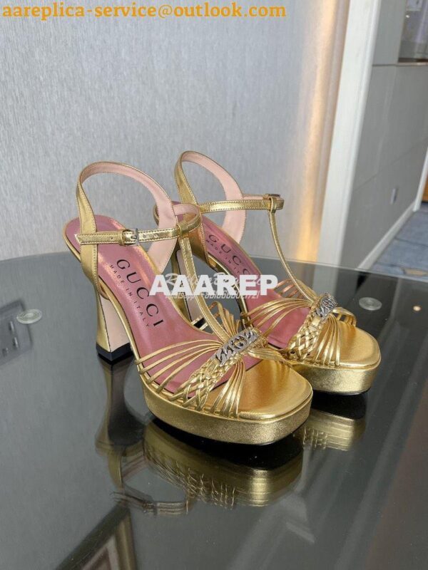 Replica Gucci GG-Chain Metallic-Leather Sandals 746614 Gold 3