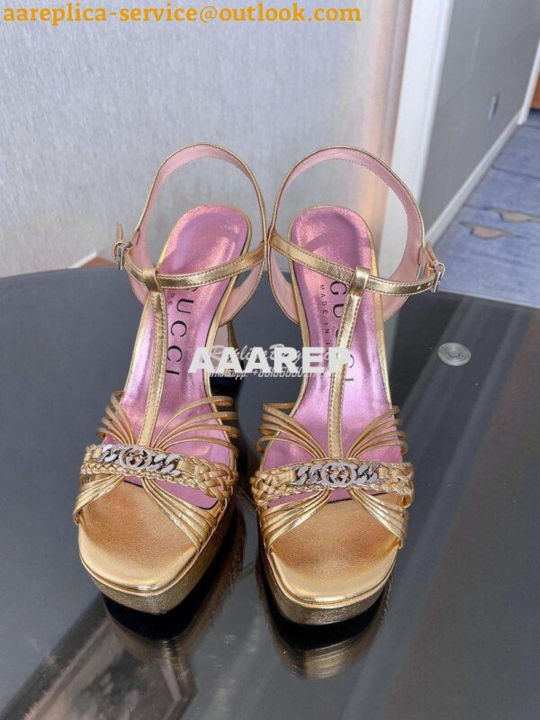 Replica Gucci GG-Chain Metallic-Leather Sandals 746614 Gold 5