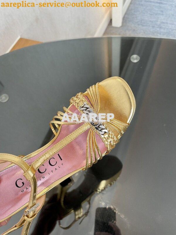 Replica Gucci GG-Chain Metallic-Leather Sandals 746614 Gold 6