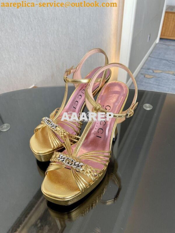 Replica Gucci GG-Chain Metallic-Leather Sandals 746614 Gold 9