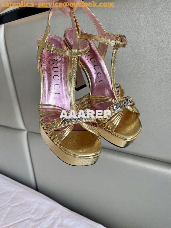 Replica Gucci GG-Chain Metallic-Leather Sandals 746614 Gold 10