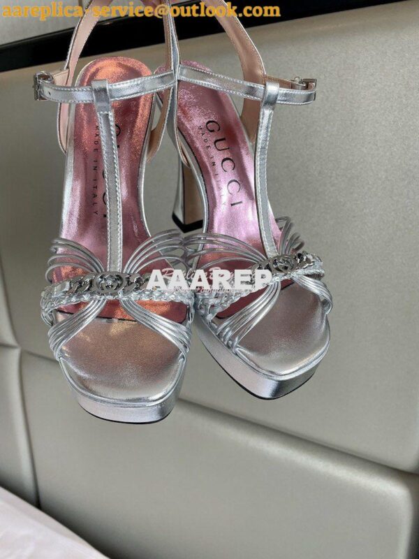 Replica Gucci GG-Chain Metallic-Leather Sandals 746614 Silver 4