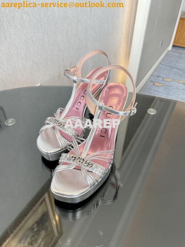 Replica Gucci GG-Chain Metallic-Leather Sandals 746614 Silver 8