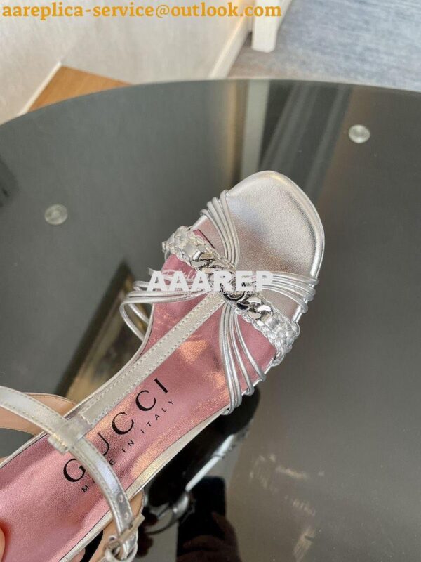 Replica Gucci GG-Chain Metallic-Leather Sandals 746614 Silver 8