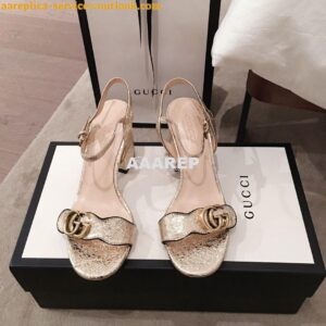 Replica Gucci Leather Mid-Heel Sandal 453379 Metallic Gold 2