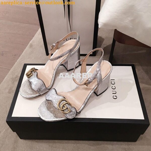 Replica Gucci Leather Mid-Heel Sandal 453379 Metallic Silver