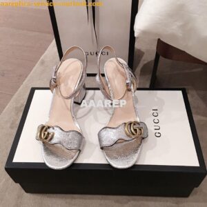 Replica Gucci Leather Mid-Heel Sandal 453379 Metallic Silver 2