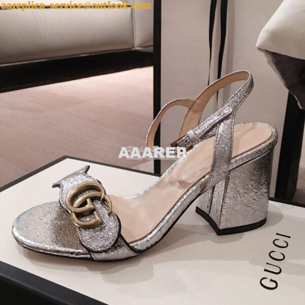 Replica Gucci Leather Mid-Heel Sandal 453379 Metallic Silver 4