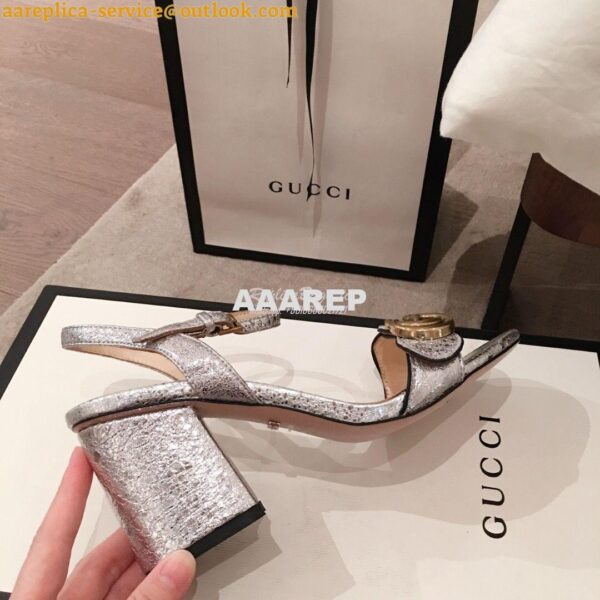 Replica Gucci Leather Mid-Heel Sandal 453379 Metallic Silver 5