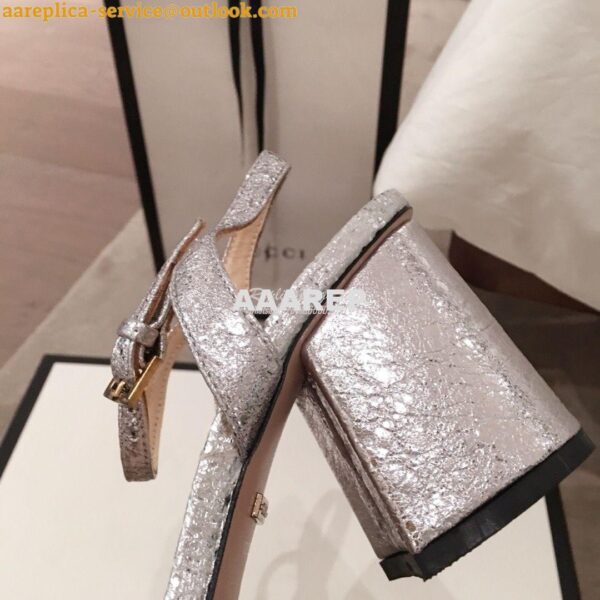 Replica Gucci Leather Mid-Heel Sandal 453379 Metallic Silver 6