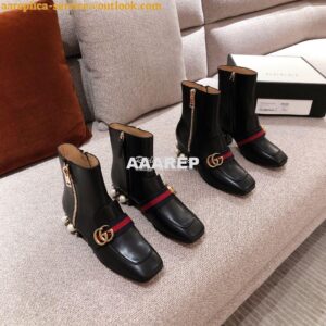 Replica Gucci Marmont Leather Mid-Heel Ankle Boots with Pearls 432060