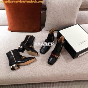 Replica Gucci Marmont Leather Mid-Heel Ankle Boots with Pearls 432060 2