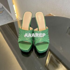 Replica Gucci Platform Slide Leather Sandal with Studs 740425 Green