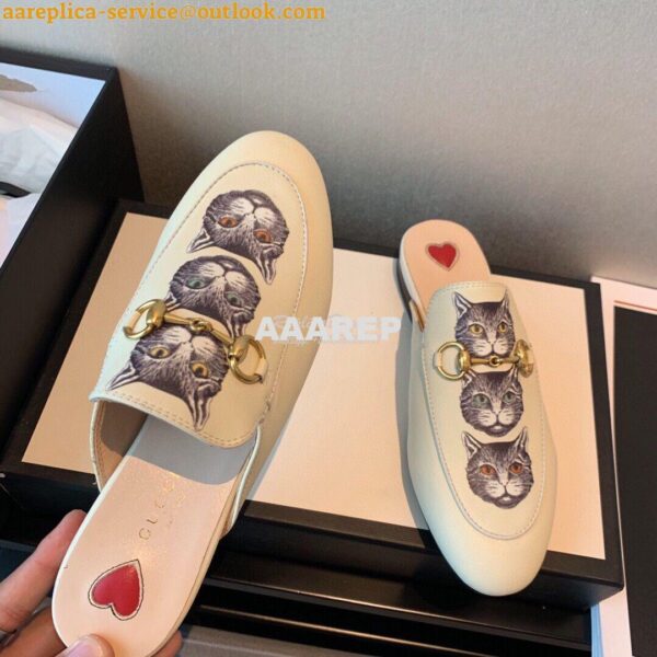 Replica Gucci Princetown Leather Slipper 505268 White with Kitty Print 9