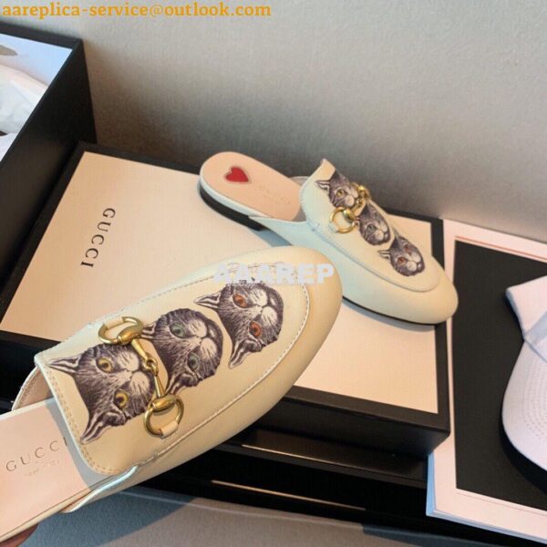 Replica Gucci Princetown Leather Slipper 505268 White with Kitty Print 10