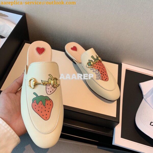 Replica Gucci Princetown Leather Slipper 505268 White with Strawberry 7