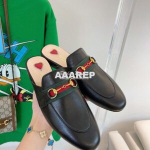 Replica Gucci Princetown Leather Slipper Black with Web 629084 2