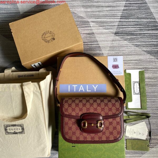 Replica Gucci Horsebit 1955 shoulder bag 602204 Beige and burgundy Original GG canvas 5