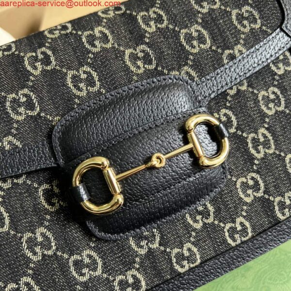 Replica Gucci Horsebit 1955 shoulder bag 602204 Black and ivory GG denim jacquard 6