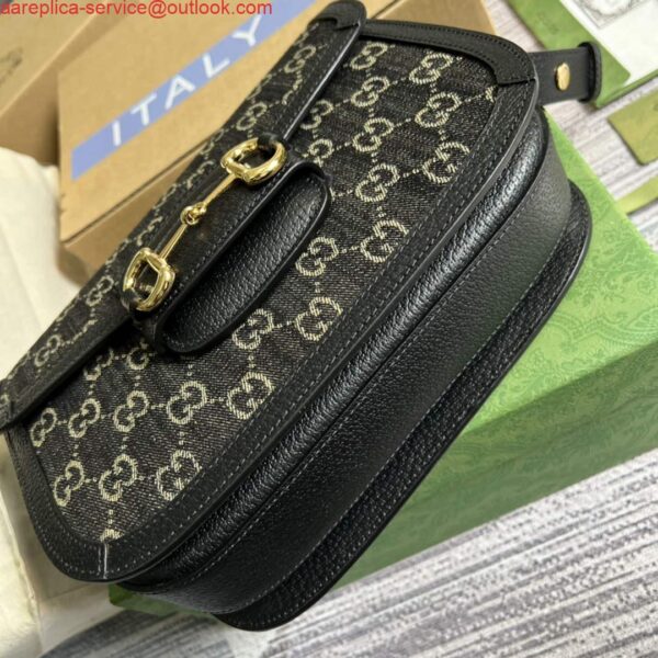 Replica Gucci Horsebit 1955 shoulder bag 602204 Black and ivory GG denim jacquard 7