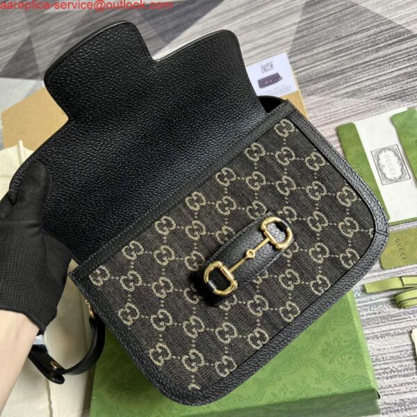 Replica Gucci Horsebit 1955 shoulder bag 602204 Black and ivory GG denim jacquard 8