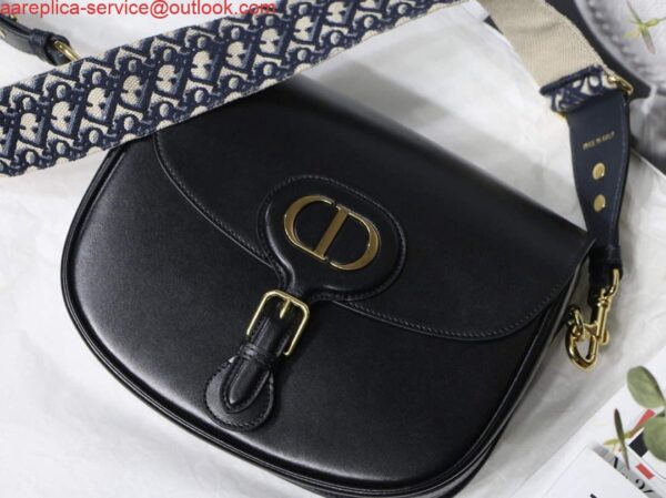 Replica Dior M9320 Large Dior Bobby Bag Black Calfskin With Blue Oblique Embroidered Strap