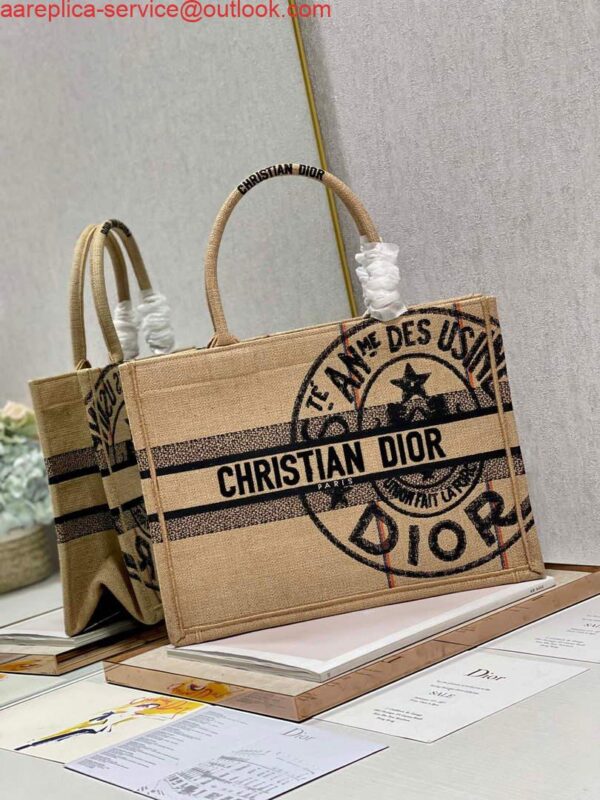 Replica Dior M1296 Medium Book Tote Beige jute fabric with Union motif embroidery 3