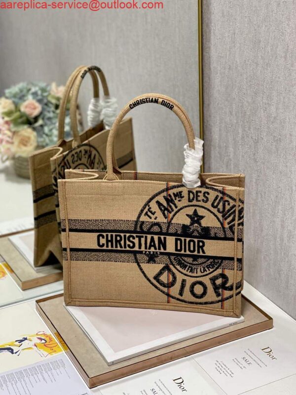 Replica Dior M1296 Medium Book Tote Beige jute fabric with Union motif embroidery 4