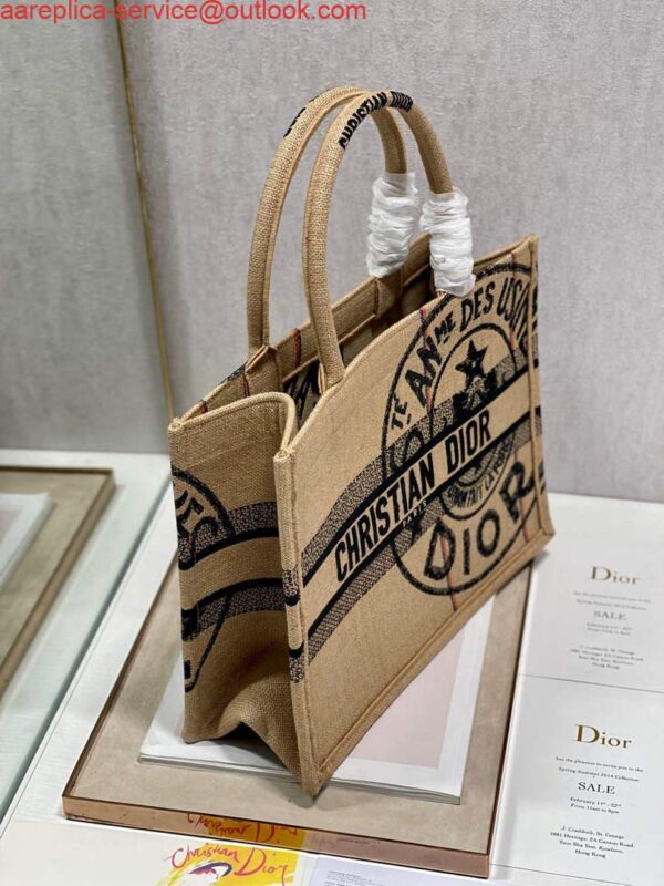 Replica Dior M1296 Medium Book Tote Beige jute fabric with Union motif embroidery 5