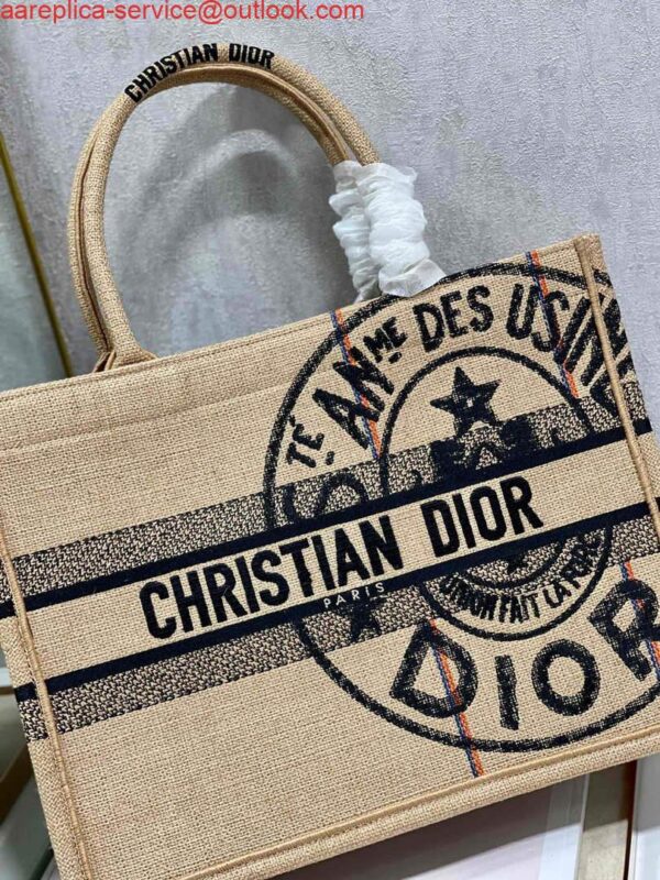 Replica Dior M1296 Medium Book Tote Beige jute fabric with Union motif embroidery 7