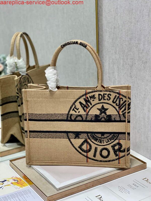 Replica Dior M1296 Medium Book Tote Beige jute fabric with Union motif embroidery 8