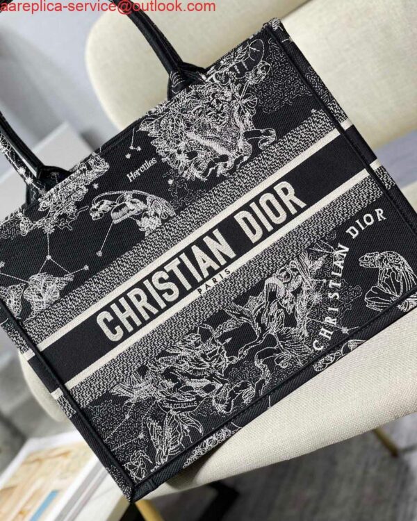 Replica Dior M1296 Medium Book Tote Black Toile de Jouy Zodiac latte embroidery