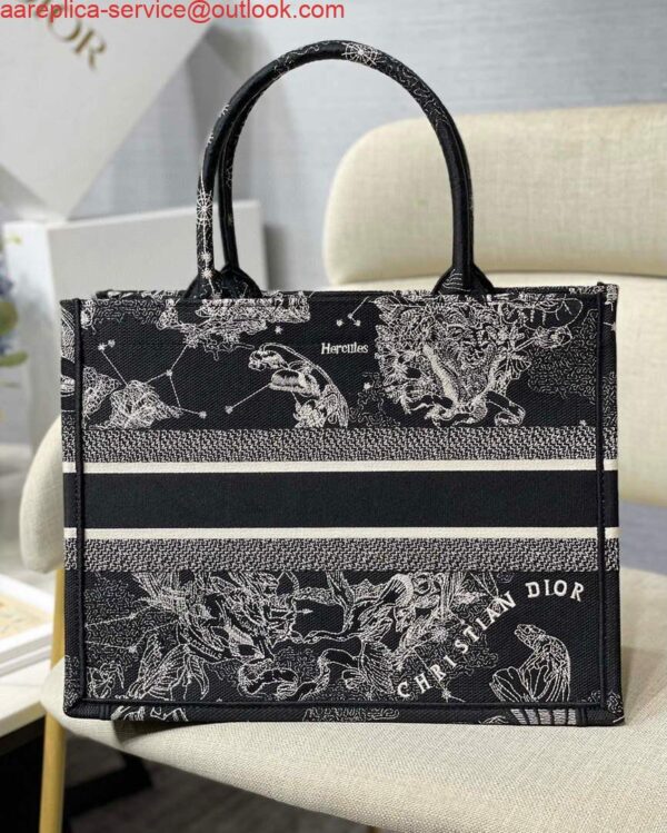 Replica Dior M1296 Medium Book Tote Black Toile de Jouy Zodiac latte embroidery 5
