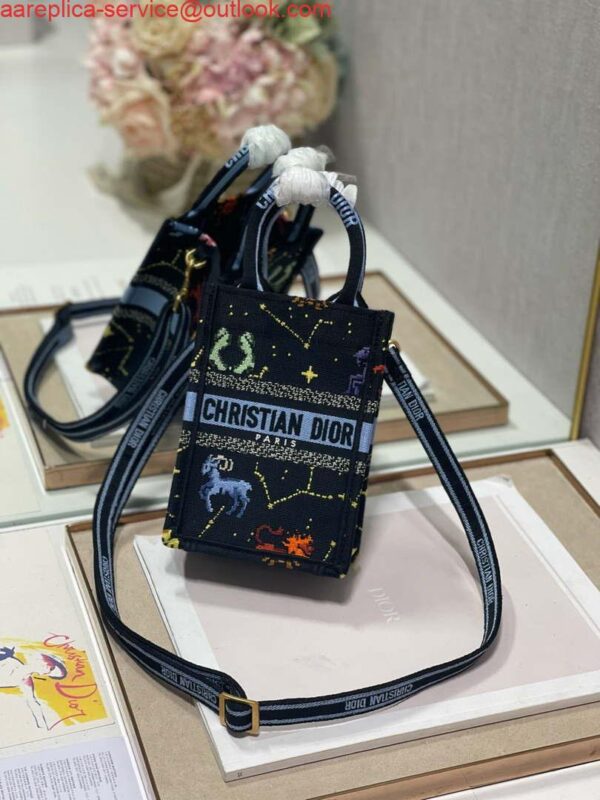 Replica Dior S5555 Mini Dior Book Tote Phone Bag black multicolor petites fleurs embroidery 4