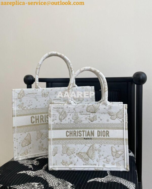 Replica Dior Book Tote bag in Gold-Tone and White Butterfly Zodiac Emb 3