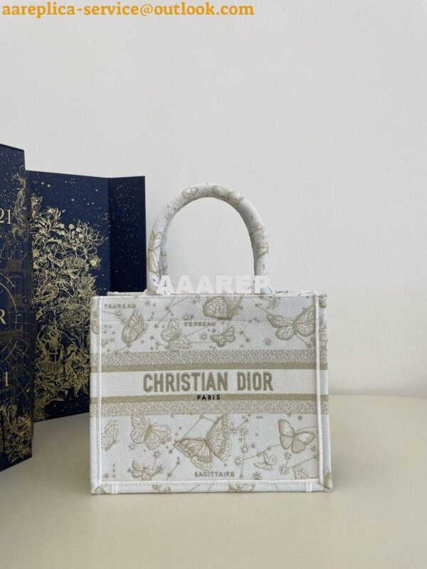 Replica Dior Book Tote bag in Gold-Tone and White Butterfly Zodiac Emb 2