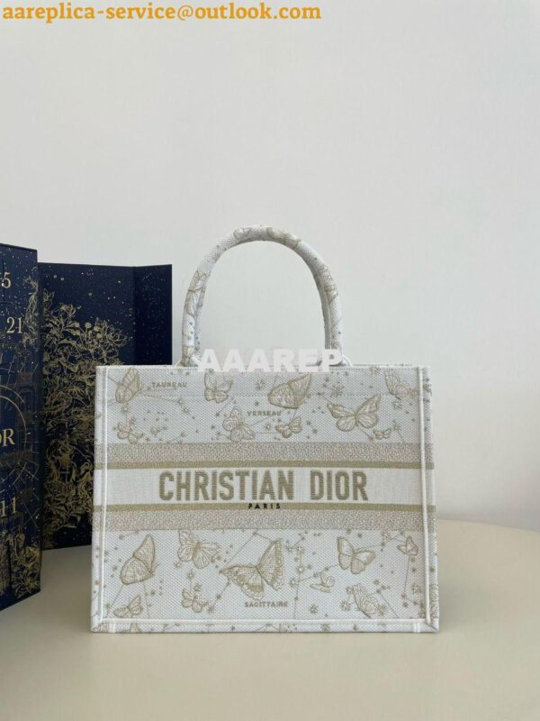 Replica Dior Book Tote bag in Gold-Tone and White Butterfly Zodiac Emb 14