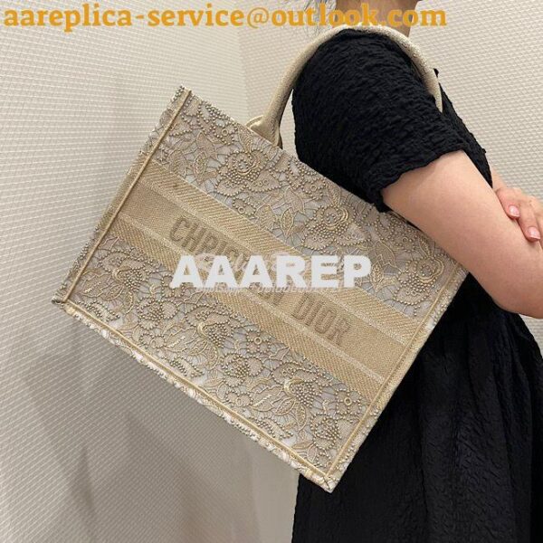 Replica Dior Book Tote bag in Gold-Tone D-Lace Embroidery with 3D Macr 13