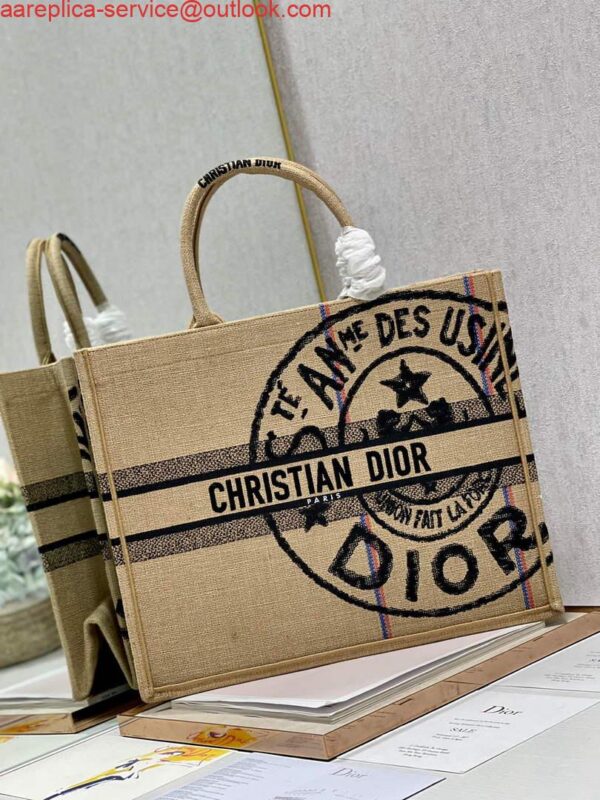 Replica Dior M1286 Large Book Tote Beige jute fabric with Union motif embroidery 3