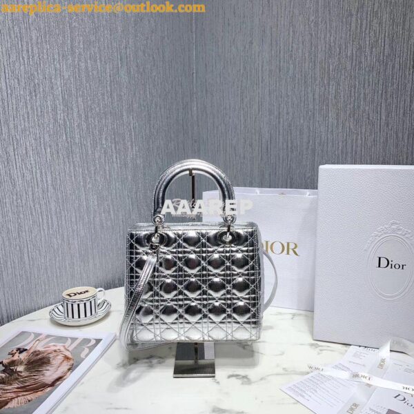 Replica Christian Dior Lady Dior Grained Metallic Silver Bag 14