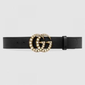 Replica Gucci Black Leather Belt With Pearl Double G Buckle 2