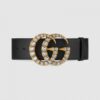 Replica Gucci Leather belt with crystal Double G buckle Black ‎600630 2