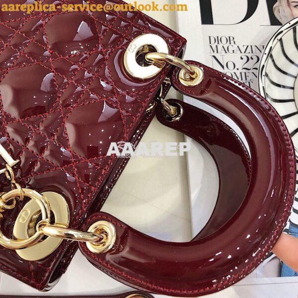 Replica Christian Dior Quilted Wine Red Patent Leather Lady Dior Bag 5