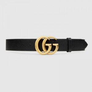 Replica Gucci Leather belt with Double G buckle black gold 406831