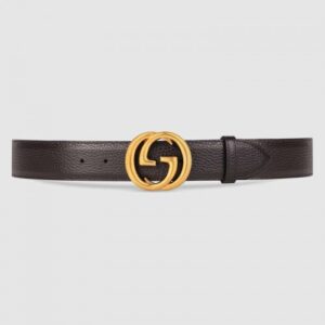 Replica Gucci Leather belt with interlocking G buckle Brown 474347