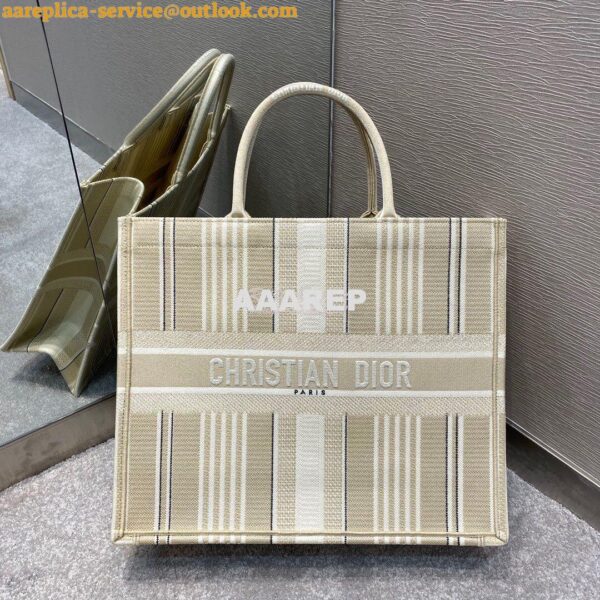 Replica Dior Book Tote Beige Stripes Embroidery Canvas Bag 3