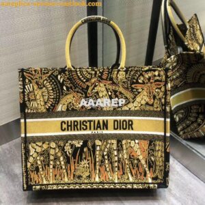 Replica Dior Book Tote Yellow Black Animals Embroidered Canvas Bag M12