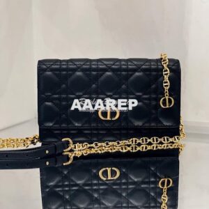 Replica Dior Caro Belt Pouch With Chain in Black Supple Cannage Calfsk